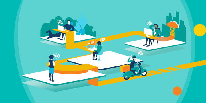 drawing of five people working in separate places but connected through network technology