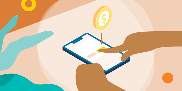 drawing of hands tapping a button on a smartphone, with a coin rising from it