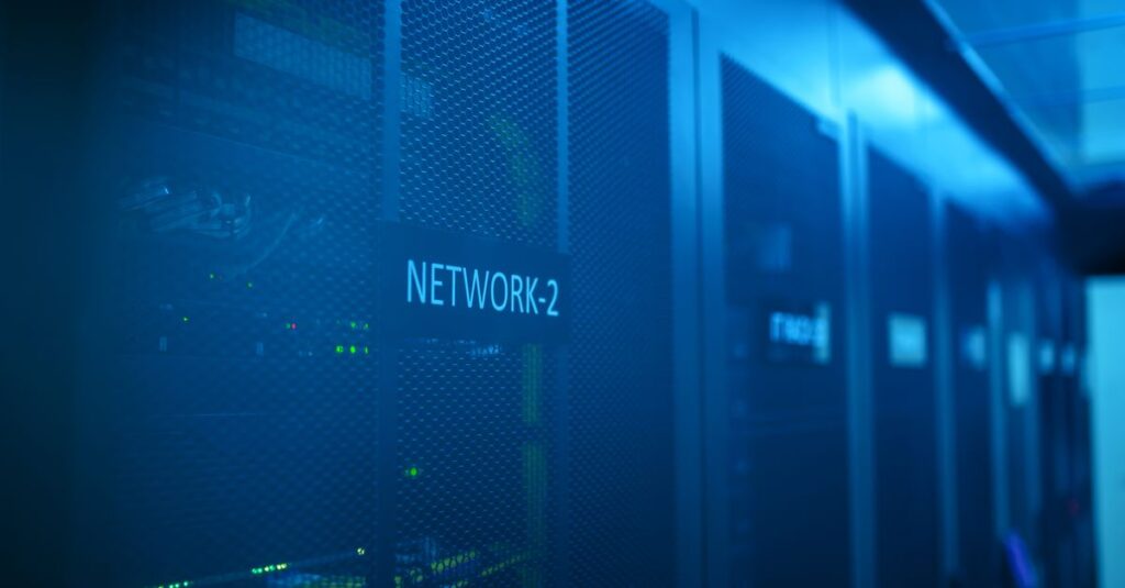 IT technician checking network security on a server rack, representing a VPN gateway patch update